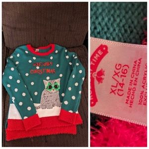 Girls ugly Christmas cat sweater